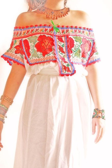 Embroidered Mexican Vintage Linen and Cotton Romantic Wedding Dress